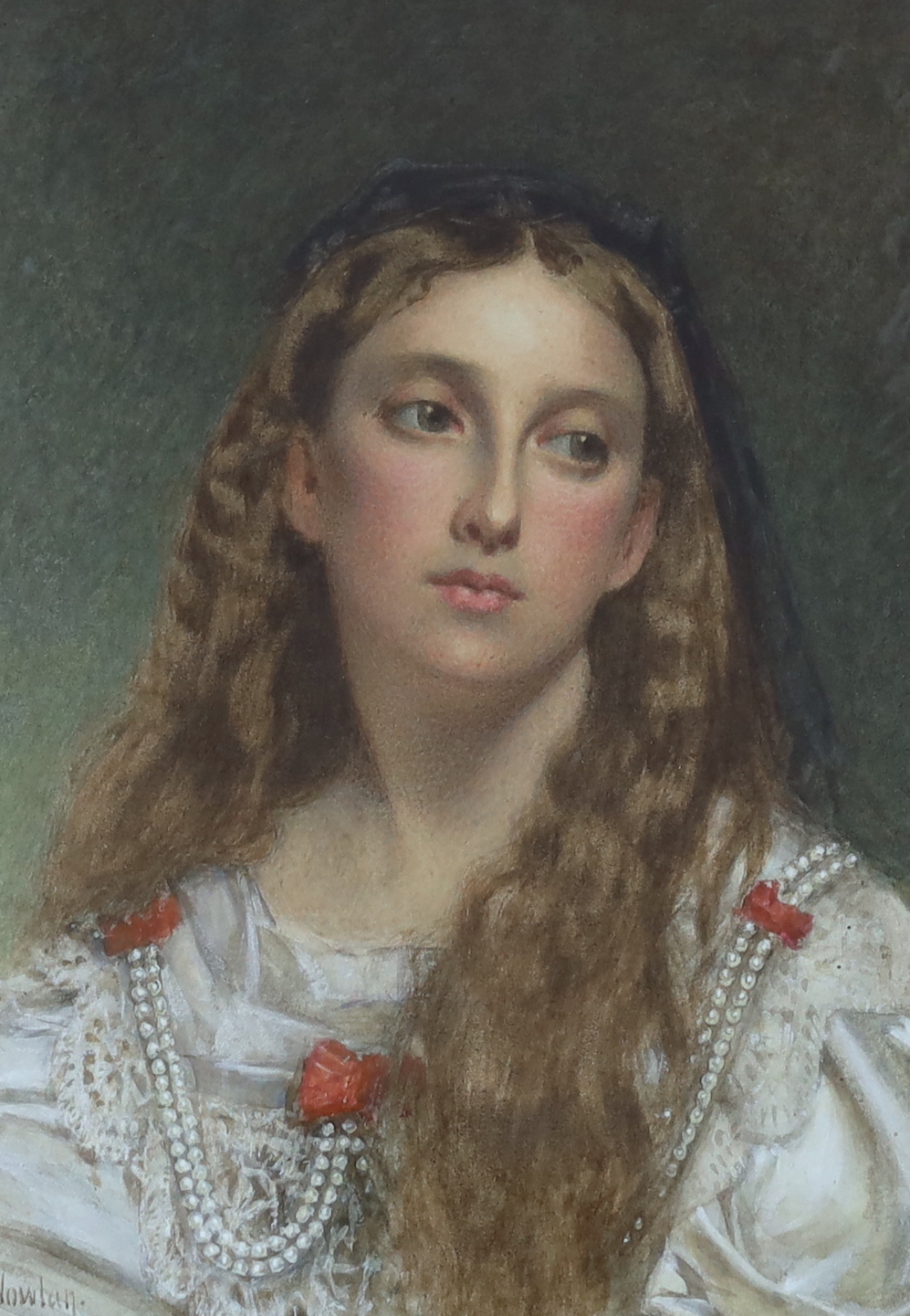 Frank Nowlan R.A (1835-1910), heightened watercolour, Head and shoulders portrait of a lady, signed, 25 x 17cm